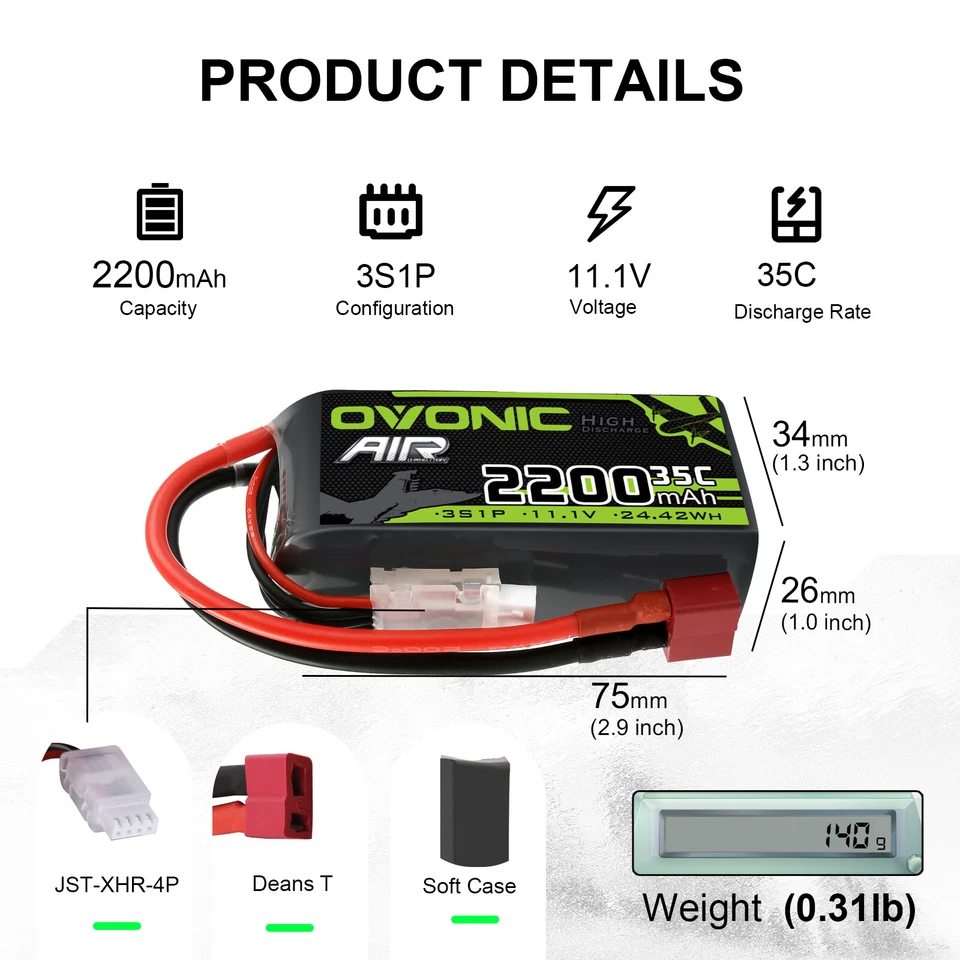 2X OVONIC 35C 11.1V 2200mAh 3S Kurzer LiPo Akku Deans für Flugzeug Heli RC Auto  - Bild 3 von 4
