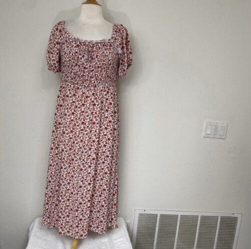 Indigo Rose Women Size Large Red Pink Floral Smock Puff Sleeve Midi Dress EUC
