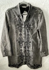 NWT Soft Surroundings Women's Size Medium Gray Black Denim Embroidered Jacket