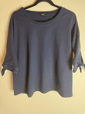 Ellos Blue Solid Knit Scoop Neck Tie Roll Tab 3/4 Sleeve Top Size M