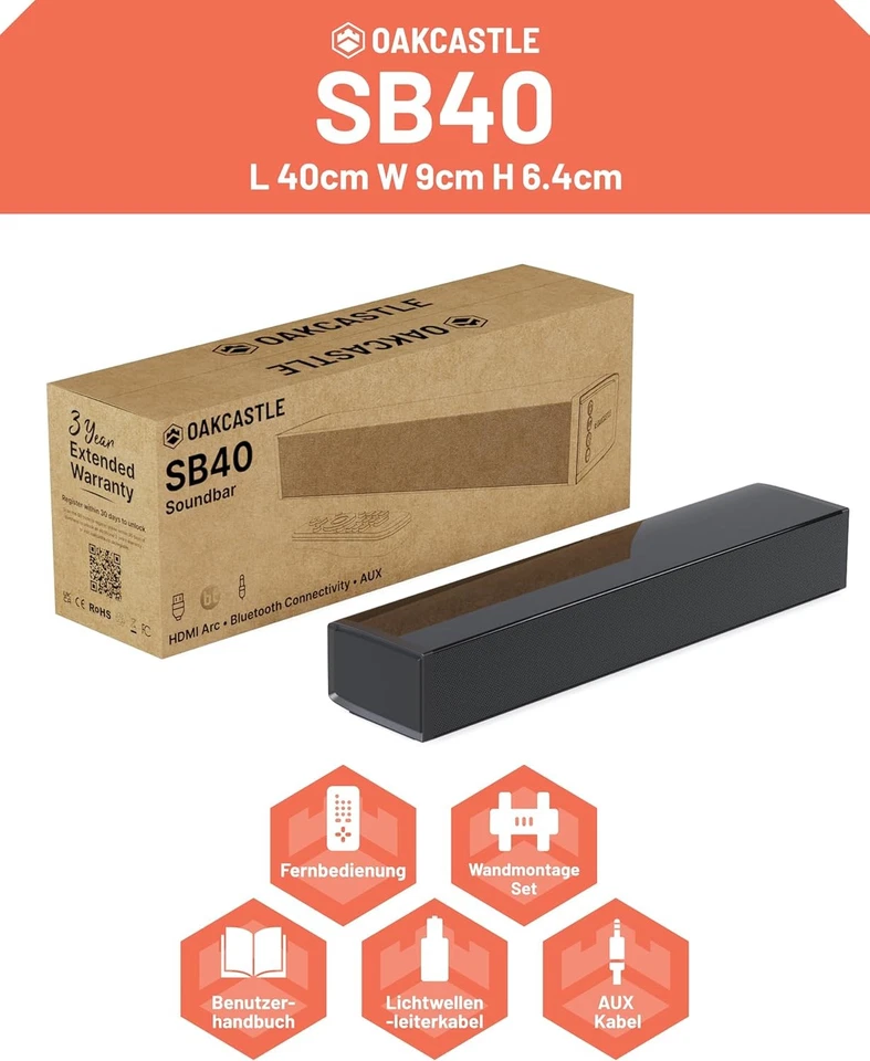TV Soundbar mit Bluetooth, HDMI ARC & 60 W, Oakcastle SB40, GEPRÜFT - Bild 2 von 4