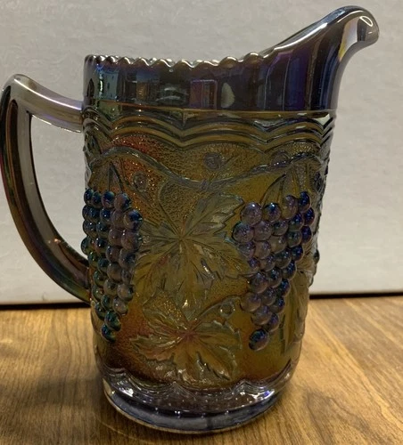 Imperial Purplish Peacock Carnival Glass Grapes Depression Milk Pitcher 6" Tall