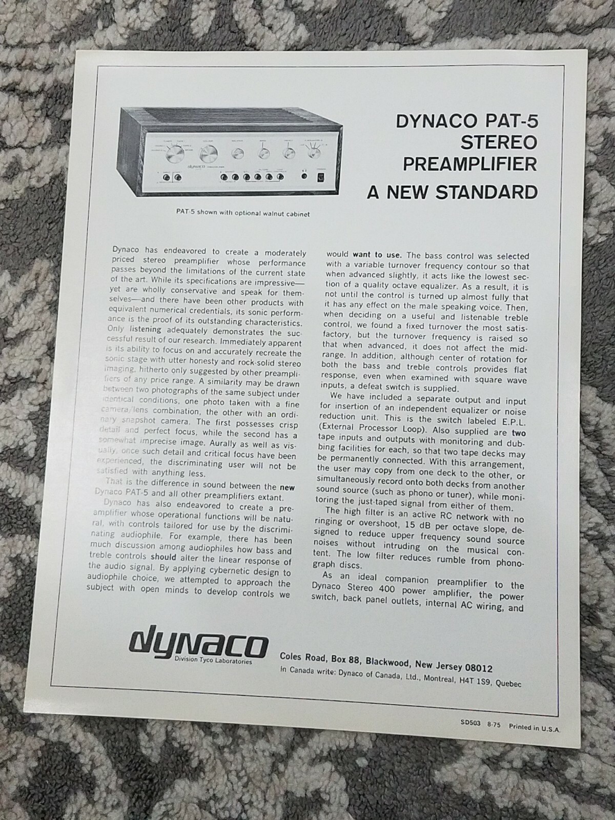 Dynaco Pat-5 Stereo Preamplifier Original Brochure.