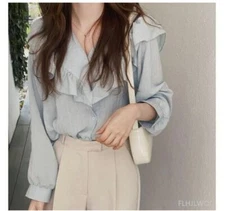 S-XL Chic Korean Design V-Neck Shirt Ruffle Blouse Casual Fashion Wear For Women