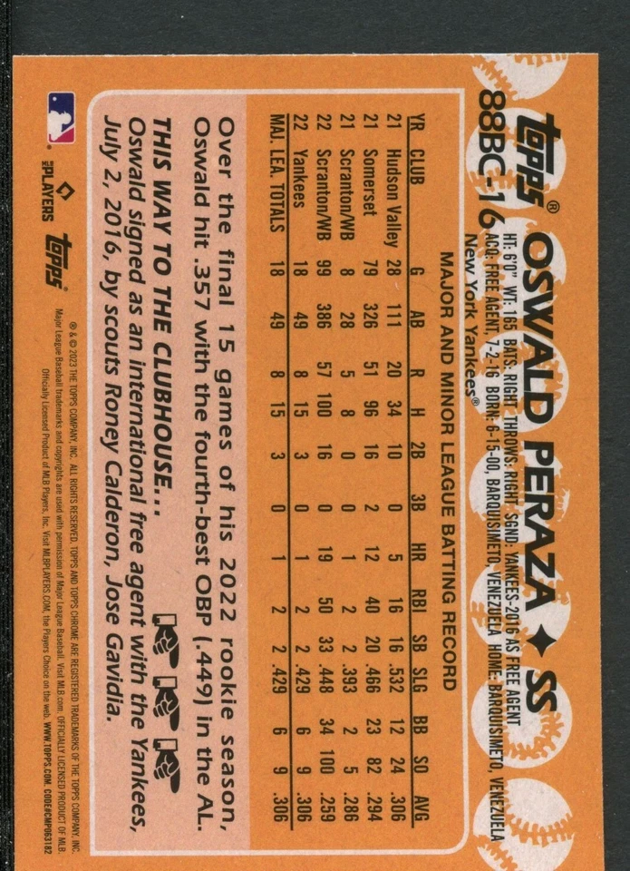Oswald Peraza 2023 Topps Chrome Baseball Retro '88 Rookie RC #88BC-16 Yankees - Image 2 of 2