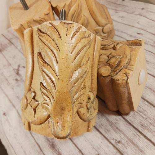 VTG Carved Block Wood Finished Blonde 4 Furniture Legs Screw On Floral/Palm 5" - Picture 5 of 9
