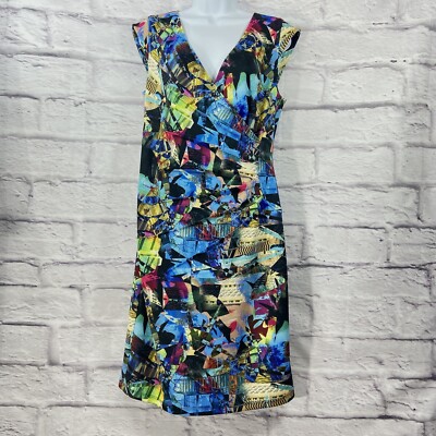 Joseph Ribkoff Dress Women s 12 Blue Sheath Ruched Waist Abstract Jersey NWOT