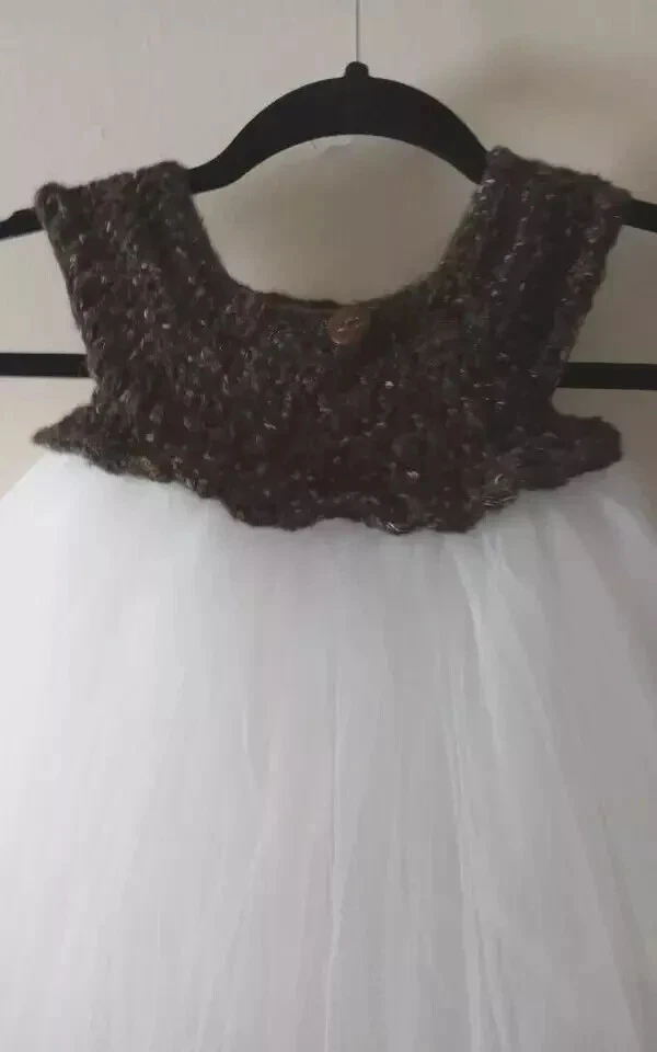 Vestido tutu de festa feito à mão crochê bebê meninas 18-24 meses tule marrom branco - Imagem 2 de 2
