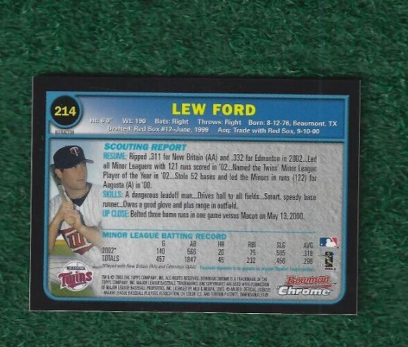 LEW FORD - 2003 BOWMAN CHROME - 1ST YEAR - REFRACTOR PARALLEL CARD # 214 - TWINS - Image 3 of 3