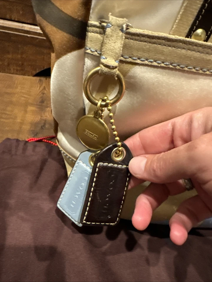 Bolso de hombro vintage Coach 10115 Hampton azul/marrón gamuza satinado con cubierta antipolvo Foto 4 de 4