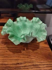 Fenton Green White Hobnail Milk Glass Bowl Ruffled Edge 6-1/2" Diameter 3" Tall