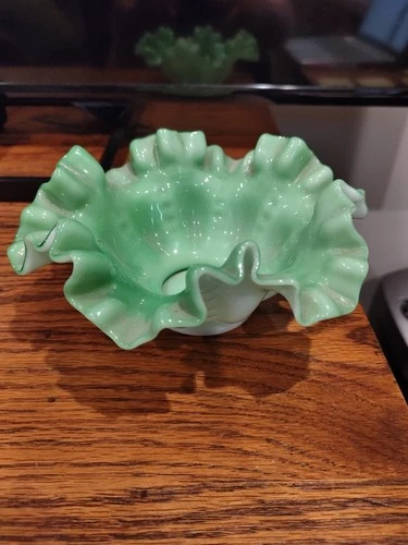 Fenton Green White Hobnail Milk Glass Bowl Ruffled Edge 6-1/2" Diameter 3" Tall