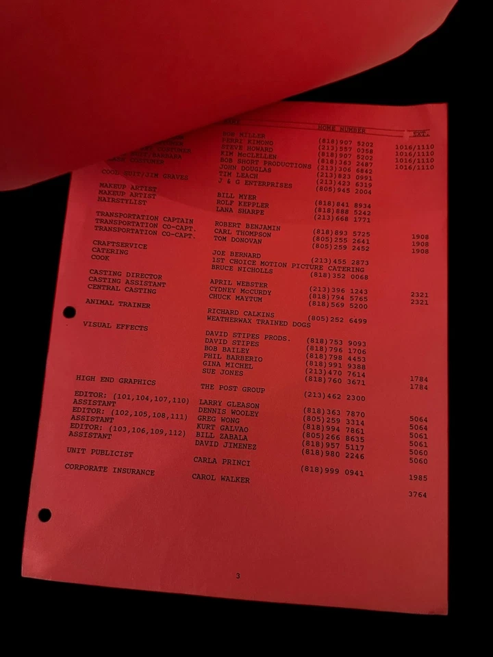 Флэш 1990 Warner Bros ТВ Экипаж Список Красная Бумага Грег Джин Эстейт Реквизит Редкий - Изображение 2 из 4