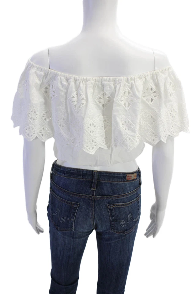 Miguelina Womens Cotton Off The Shoulder Geometric Eyelet Crop Top White Size S - Image 3 of 4