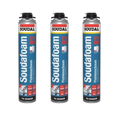 3x Soudal Soudafoam B2 Pistolenschaum 750ml Dämmschaum Montageschaum PU Schaum