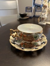Royal Sealy Porcelain Cup & Saucer Painted Decorative Pineapple Gold Handle