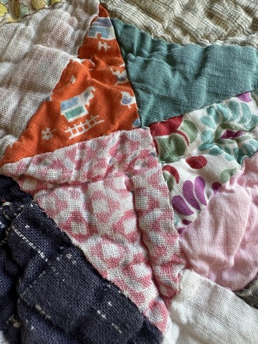 Antique 20’s Patchwork Quilt Hand Quilted Log Cabin Crazy Raw Cotton 60x75” - Picture 16 of 24