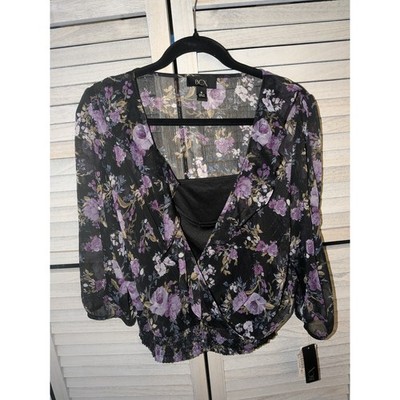 BCX Women Black Purple Floral Metallic Surplice Smocked Blouse Top NWT Medium
