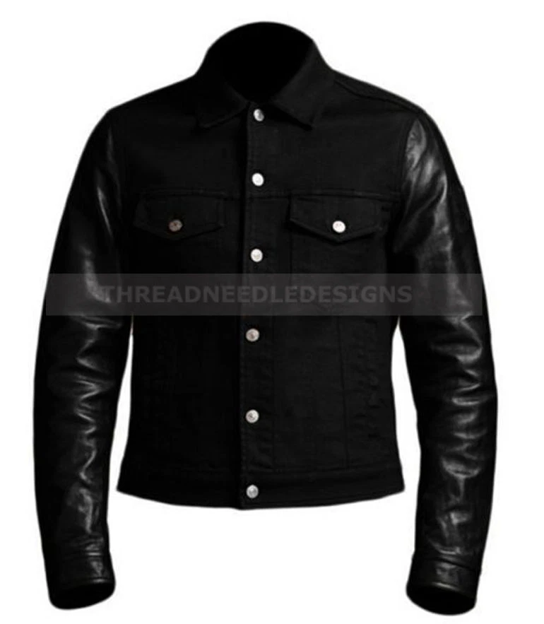 Men s Black Denim Slim Fit Casual Biker Jacket Leather Sleeves Outdoor Jacket S1