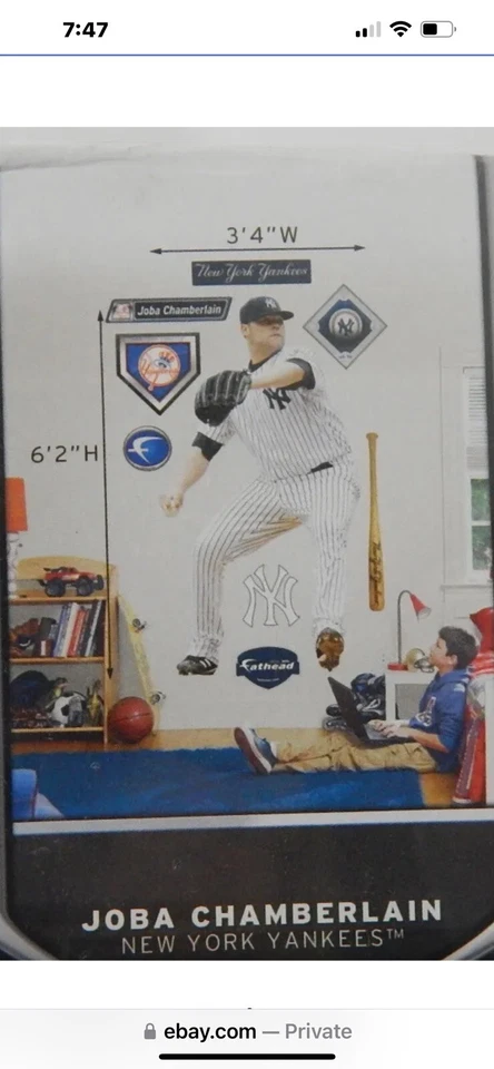 Nueva pegatina de pared Fathead autografiada por Joba Chamberlain de los Yankees de Nueva York tamaño natural Foto 3 de 4