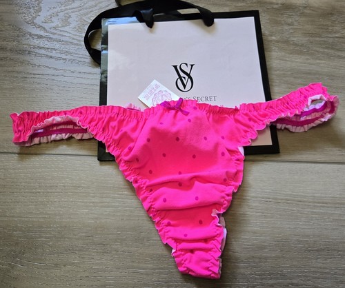 NWT Vintage Victoria's Secret PINK Polka-Dot Cotton Ruffle Low Thong Panties L