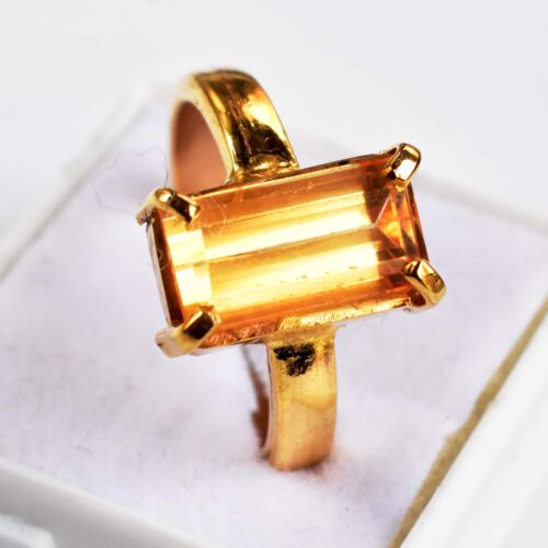Natural Orange Sapphire 12X6 MM Baguette Gold Plated Brass Charm Ring US Size 8 - Picture 1 of 5
