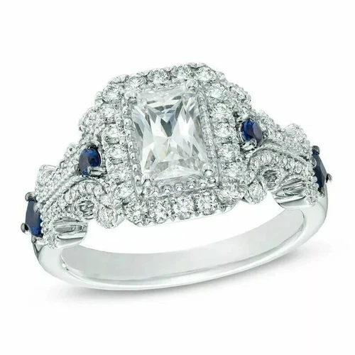 Vera Wang Emerald Cut Lab Created Diamond & Sapphire 14Ct White Gold Filled Ring
