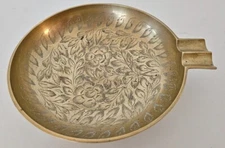 VTG World Gift Etched Brass Floral Design Cigar / Cigarette Ashtray "India" ~5"