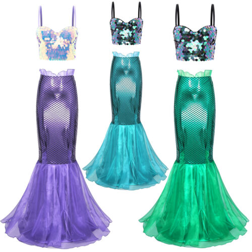 Womens Mermaid Costumes Fishtail Uniform Fish Scale Print Outfit Sequin Skirt - Afbeelding 1 van 41