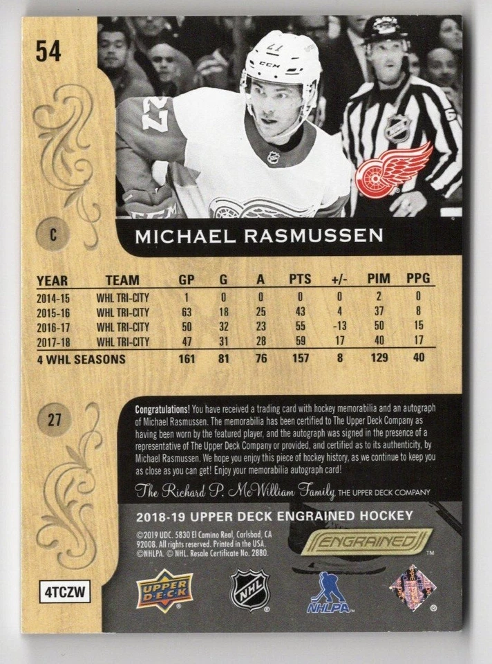 2018-19 Upper Deck Engrained Rookie Patch Autograph #54 Michael Rasmussen 01/65 - Image 2 of 2