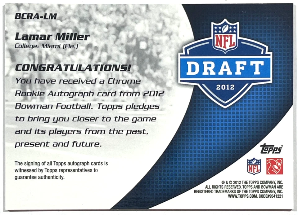 2012 Bowman Chrome Lamar Miller Auto RC #BCRA-LM - Image 2 of 2