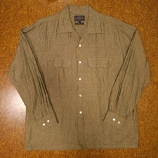 RARE BEAMS Plus Made in Japan Cotton Flax Chambray Camp Collar Shirt Khaki Large