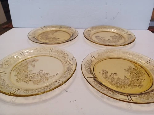 Federal Glass Cabbage Rose Amber 9" Dinner Plates Set Of 4 FREE SHIPPING