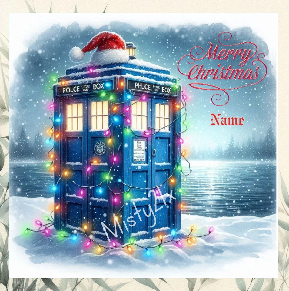 MISTY21X Personalised DR WHO Greeting Card BLUE POLICE PHONE BOX Lights Wintery Lake XMAS