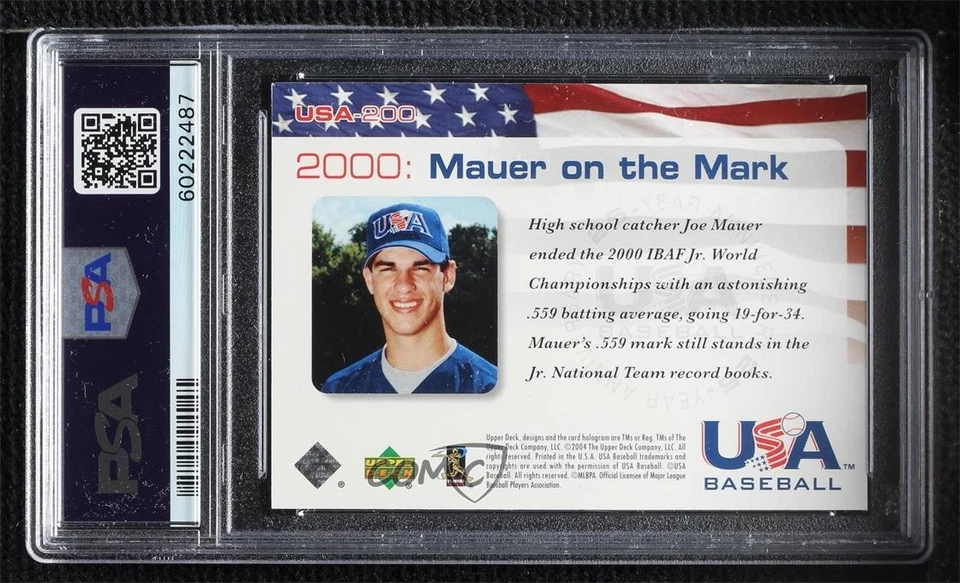 2004 Upper Deck USA Baseball 25-Year Anniversary Joe Mauer #USA-200 PSA 8 HOF - Image 2 of 2