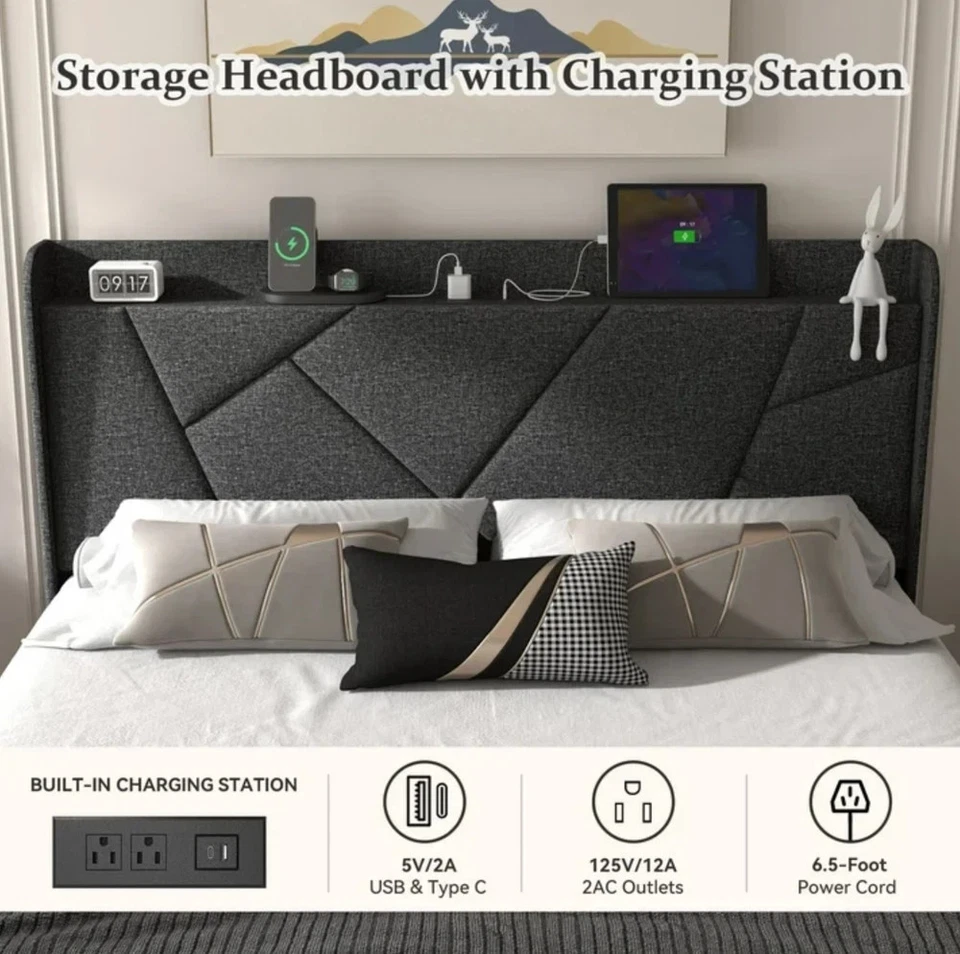 Marco De Cama Plataforma King Size Tapizada en Terciopelo Cama Cabecera Gris - Imagem 2 de 4