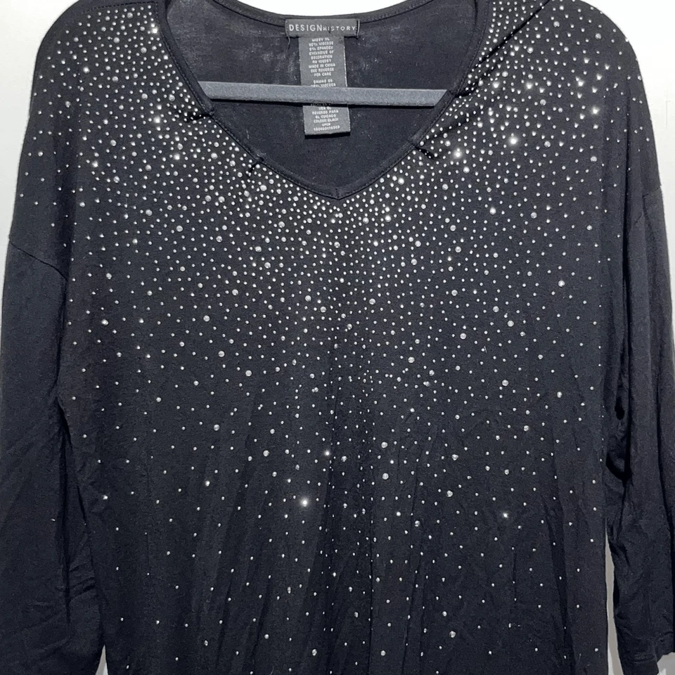 Design History 女式黑色水钻 V 领 3/4 袖束腰上衣 XL 码 — 第 4/4 张图片
