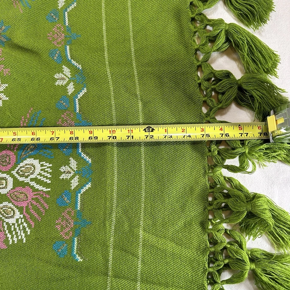 Painted Peacock Woven Table Runner Green Floral Tassel Fringe Indian Boho Style - Image 3 of 4