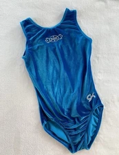 GK ELITE gymnastics Leotard BLUE Velour RHINESTONE BLING Velvet TANK Leo SZ: AS