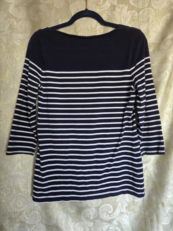 TALLA MED Merona Mujer’s Top Azul Marino y Blanco Rayas Manga 3/4 Foto 4 de 4