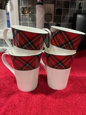 Mikasa Bone China Tartan Plaid Red Coffee Mugs Set of Four New