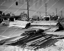 crp-65722 1951 automobiles bus at Ernie's gas station w lumber load accident blo