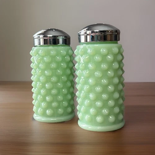 Vintage Mosser Jadeite Hobnail Milk Glass Salt And Pepper Shakers