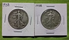 Lot of 2, 1938 Walking Liberty Half Dollars, 90% Silver Coins, with fine detail