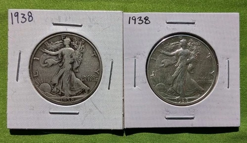 Lot of 2, 1938 Walking Liberty Half Dollars, 90% Silver Coins, with fine detail