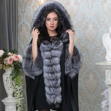 Women Silver Fox Fur Vest Gilet Winter Warm Cloak Waistcoat Woolen Cape Coat