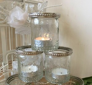 Set Of 3 Vintage Glass Tea Light Candle Holders Silver Rim Wedding