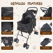 4 Wheels Pet Stroller Portable Dog Stroller w/ Storage Basket & Cup Holder Black