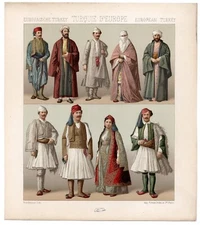EUROPEAN TURKEY - Ottoman Empire Folk Dress 1888 Antique Chromolithograph