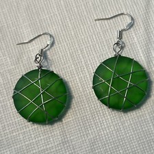 Handcrafted 925 Sterling Silver Earrings. Smoky Green Sea Glass Beads Boxed